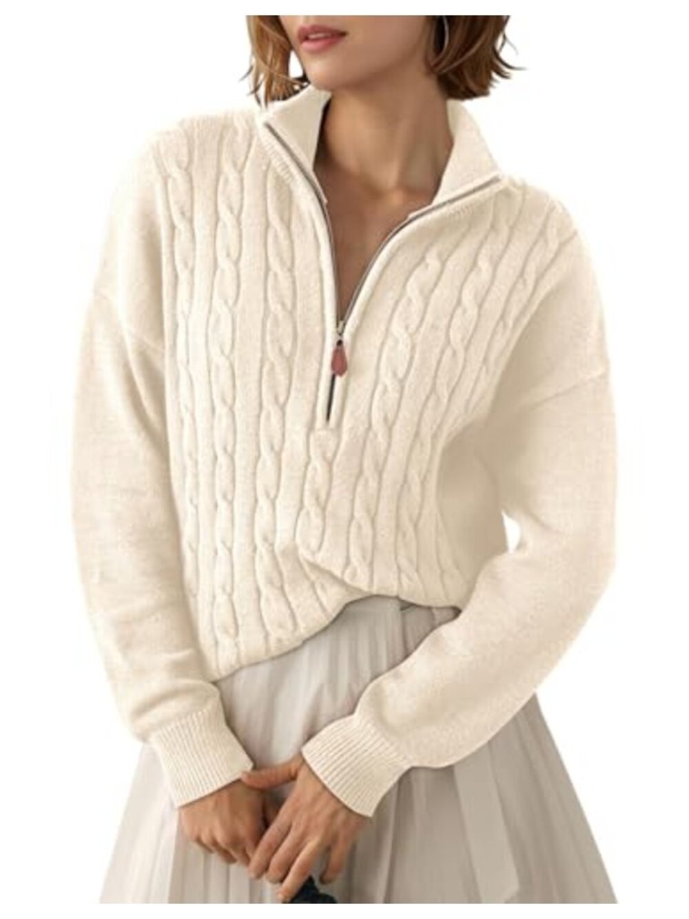 Women's Quarter Zip Ribbed Cable Knit Sweater Pullover V-Neck Long Sleeve
